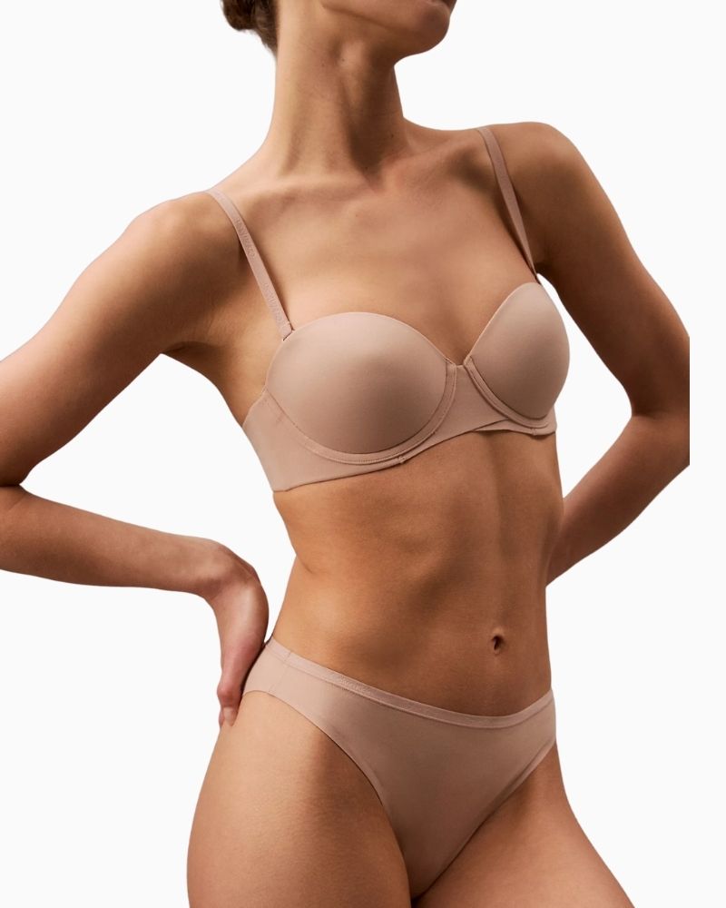 Front view of Calvin Klein strapless bra showing smooth microfiber finish