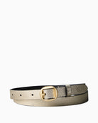 Calvin Klein gold metallic slim leather belt front view with round buckle – Áines Boutique