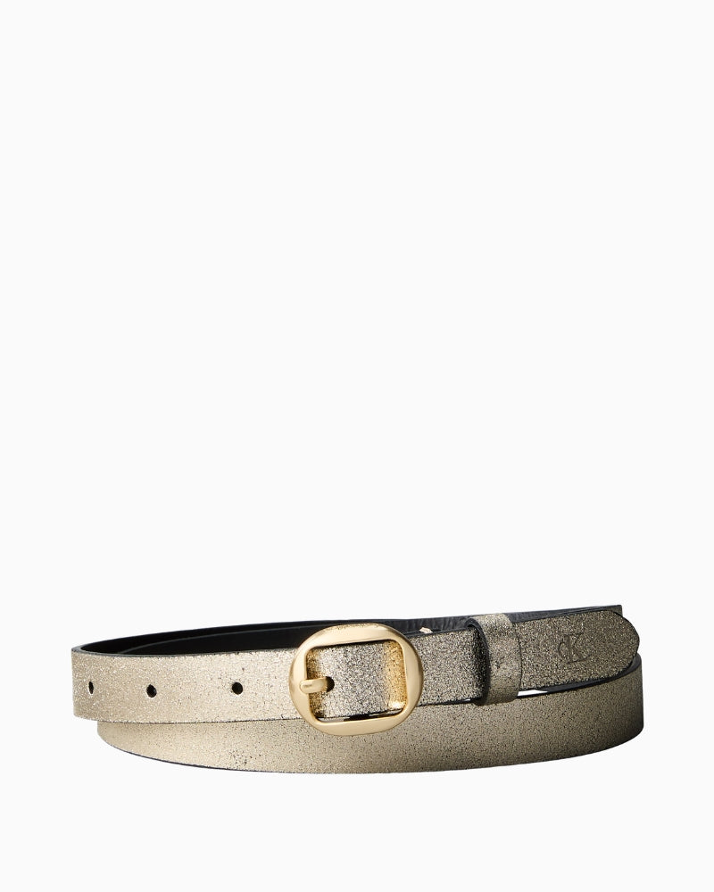 Calvin Klein gold metallic slim leather belt front view with round buckle – Áines Boutique