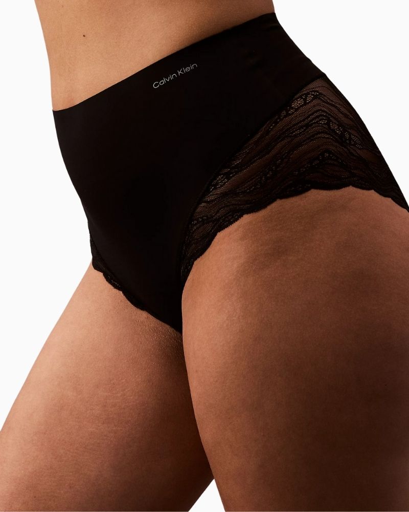 Close-up of black Calvin Klein high-rise shapewear brief with scalloped lace trim