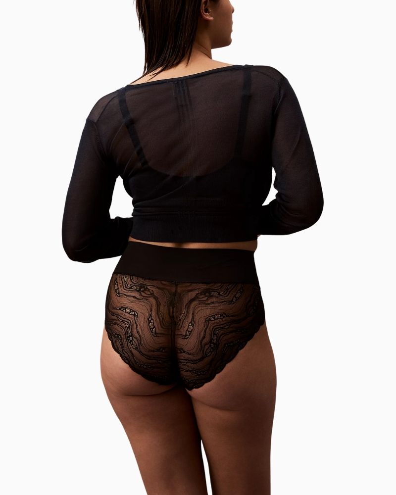 Back view of Calvin Klein Sensual Stretch Lace Shapewear Brief in black showing sheer lace back