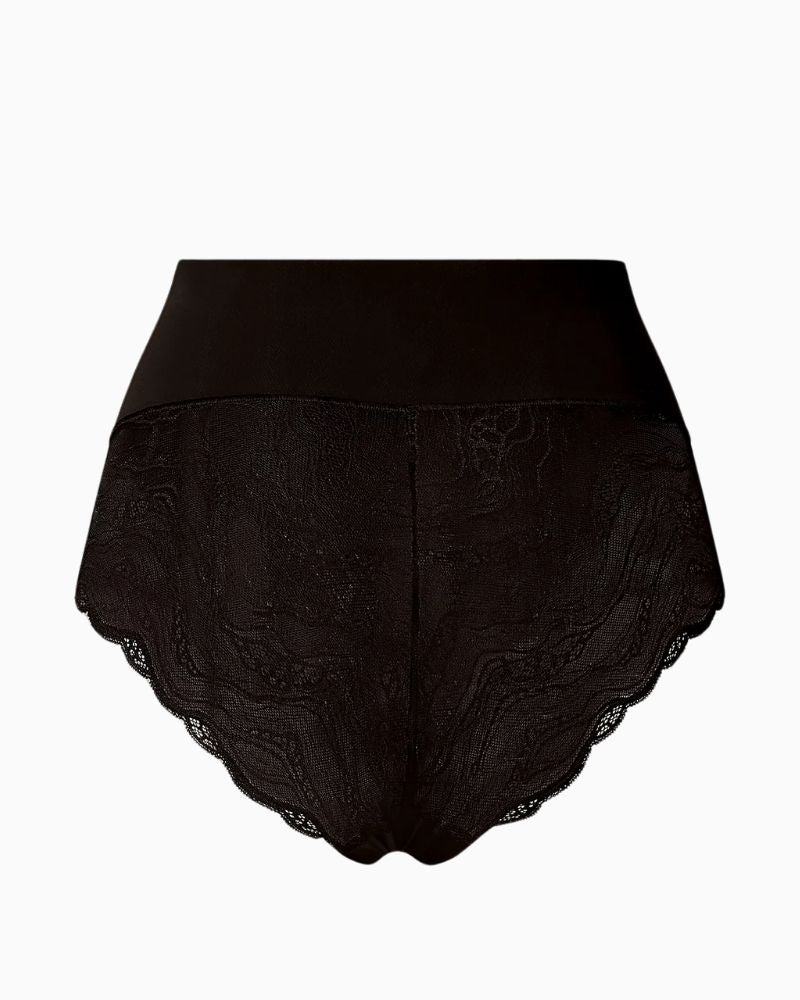 Back view of Calvin Klein Sensual Stretch Lace Shapewear Brief in black showing sheer lace back