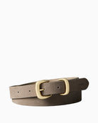 Calvin Klein desert taupe suede-look belt front view with gold buckle – Áines Boutique