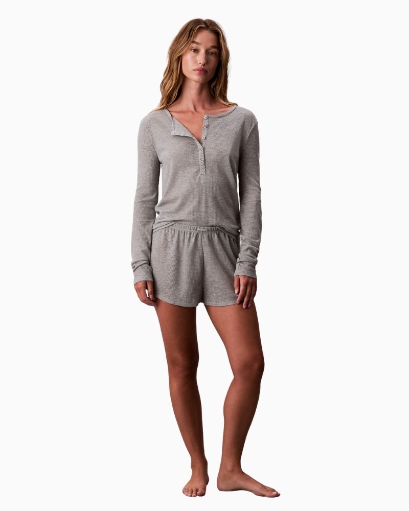 Calvin Klein grey waffle knit Henley top with long sleeves and button neckline