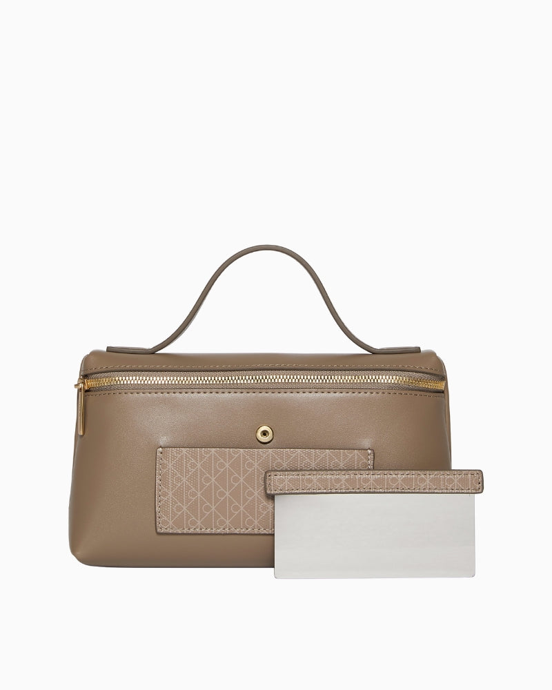 Emblem AOP beauty case giftset in taupe, front view – Áines Boutique