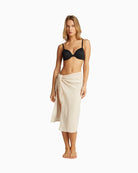 Full body view of model styling Calvin Klein black full coverage bra