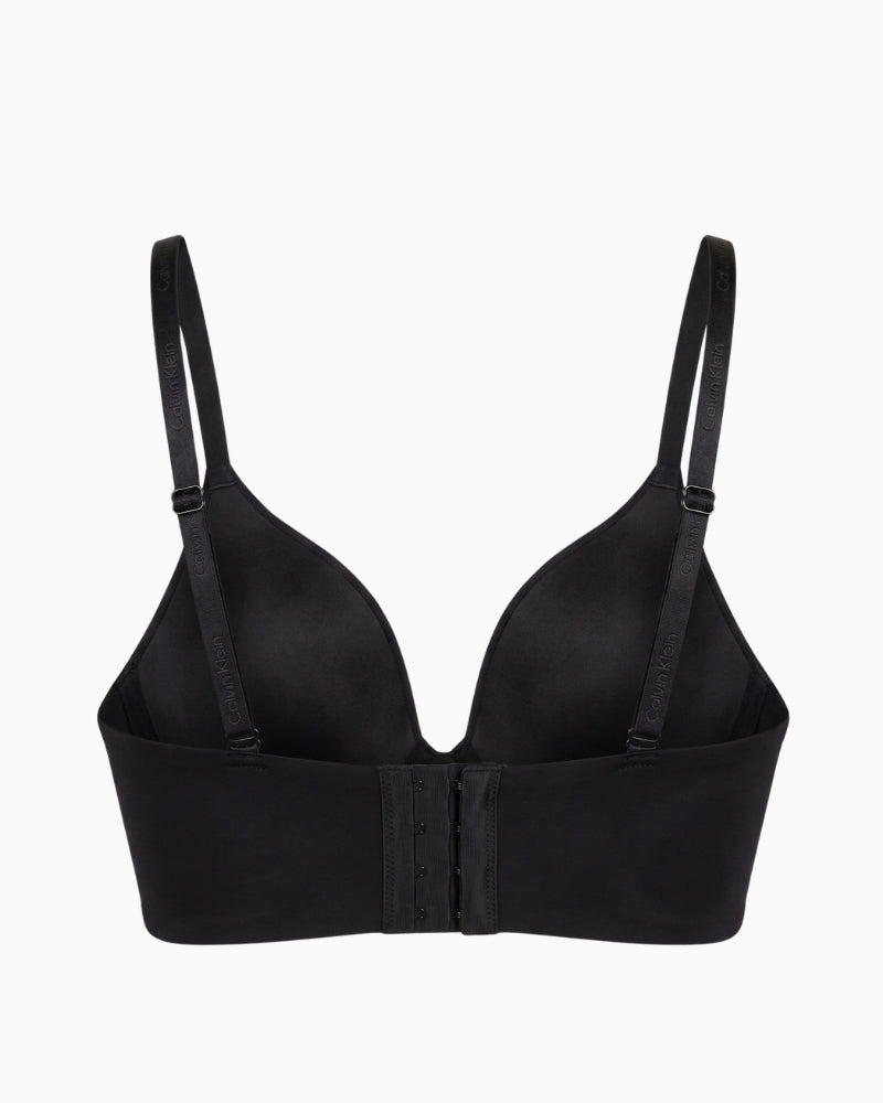 Calvin Klein Lightly Lined Minimal Plunge Bra in black back view with adjustable branded straps