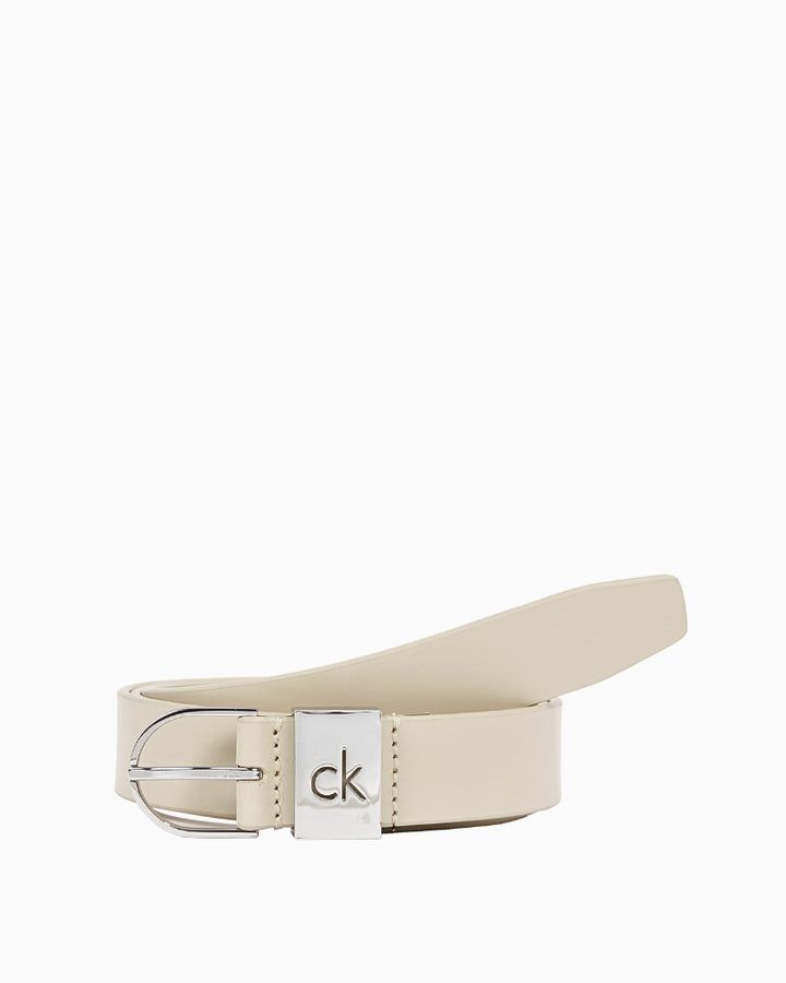 Beige Calvin Klein women's belt with monogram print and silver buckle
