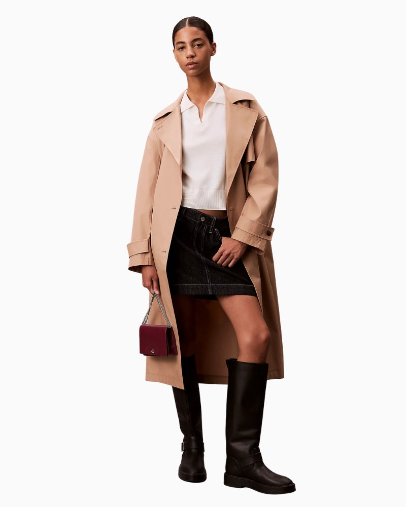 Woman wearing Calvin Klein monogram chain wallet crossbody, full view – Áines Boutique