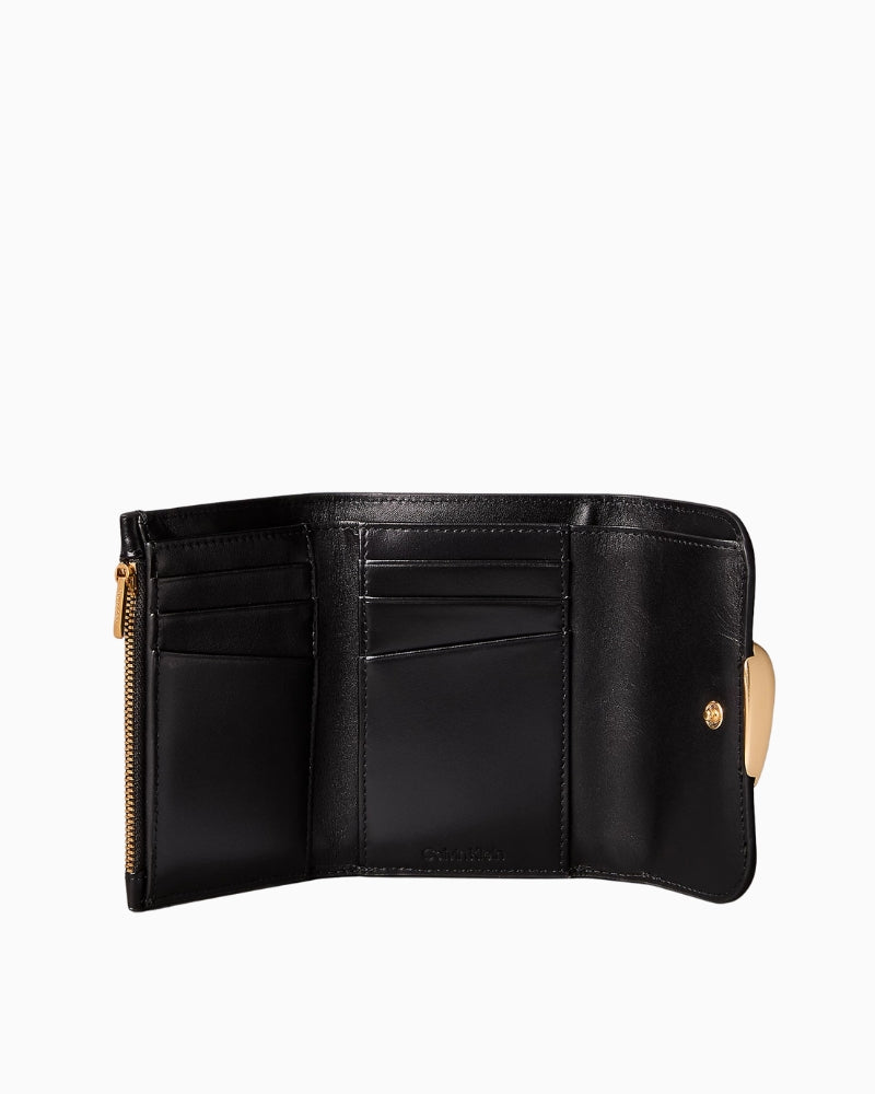 Calvin Klein engraved trifold wallet, open view showing card slots and zip pocket – Áines Boutique