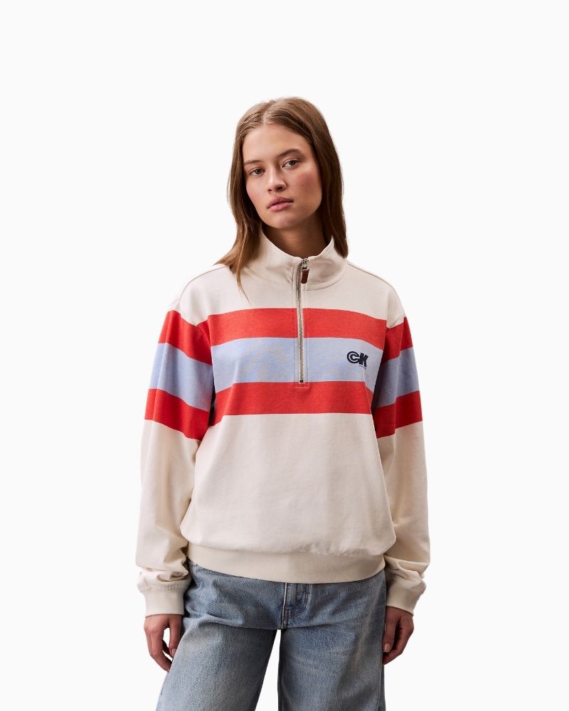 Calvin Klein rugby stripe top in off white with 1/4 zip and stand collar