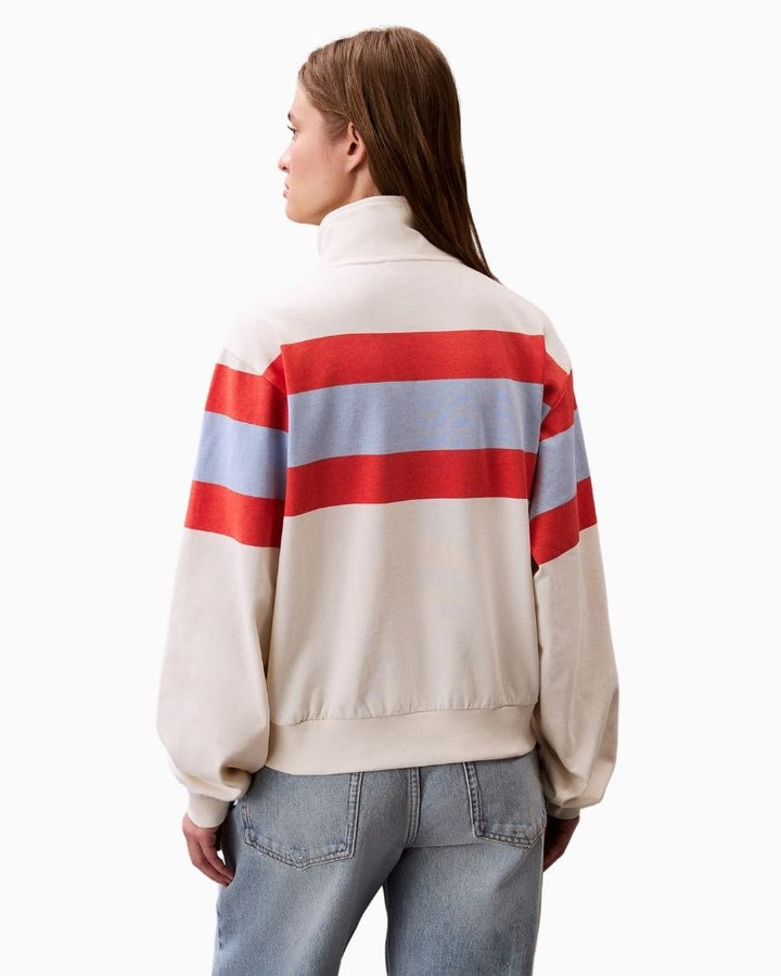 Back view of cotton rugby jersey with bold stripe and zip detail