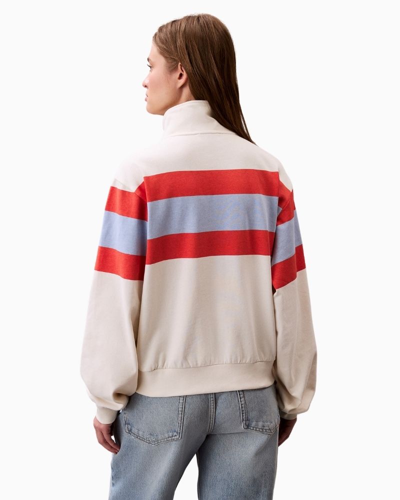 Back view of cotton rugby jersey with bold stripe and zip detail