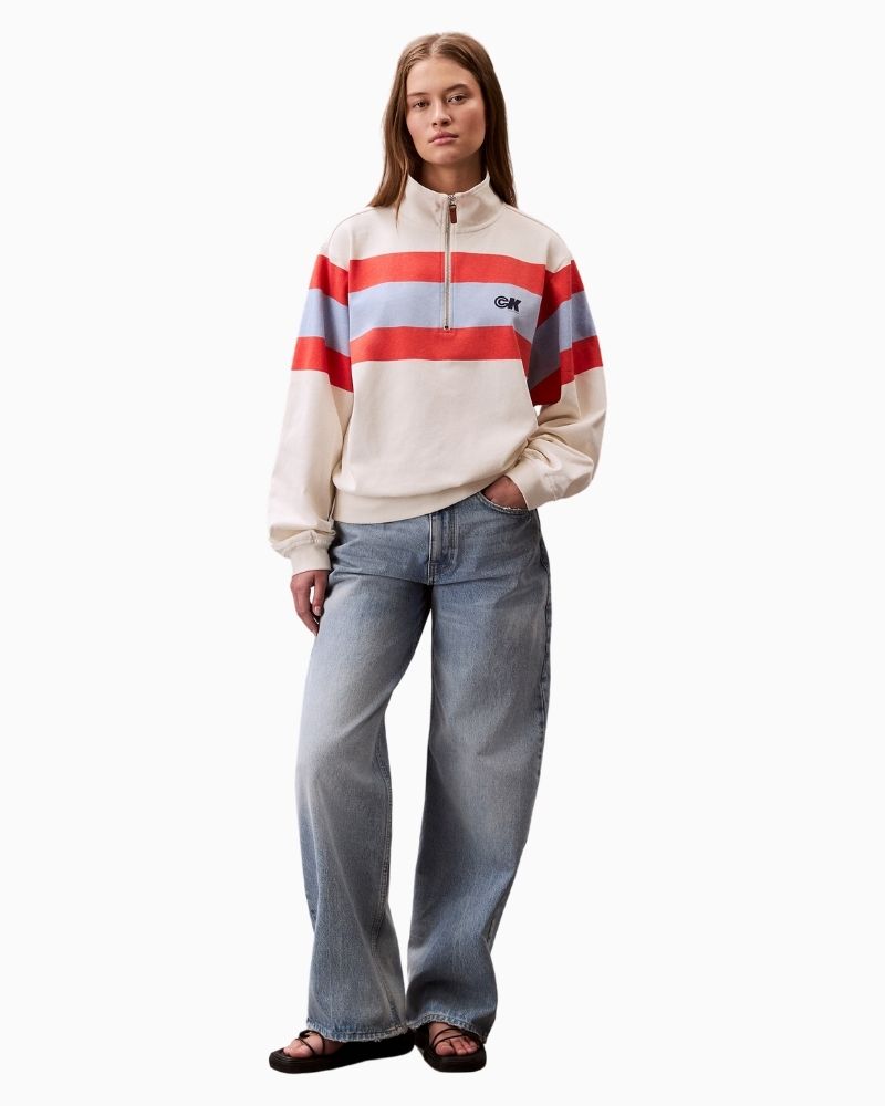 Relaxed fit CK striped top styled with denim for a casual day look
