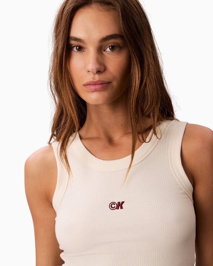 Close-up of rib texture and Calvin Klein logo detail