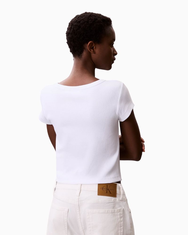 Back view of Calvin Klein tee in ribbed knit fabric