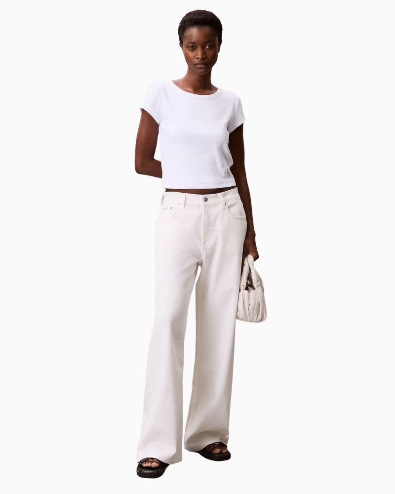 Front view of stretch cotton tee showing fitted shape and short sleeves