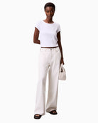 Front view of stretch cotton tee showing fitted shape and short sleeves