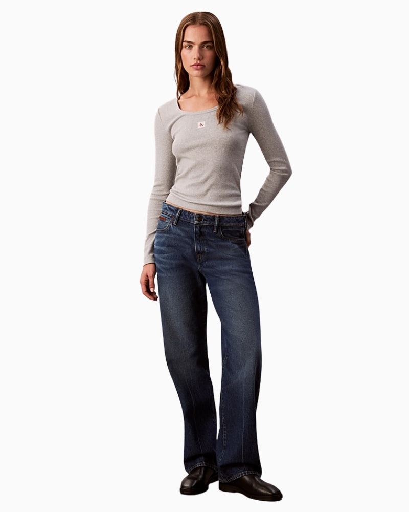 Ribbed jersey scoop neck top in black by Calvin Klein with stretch cotton blend