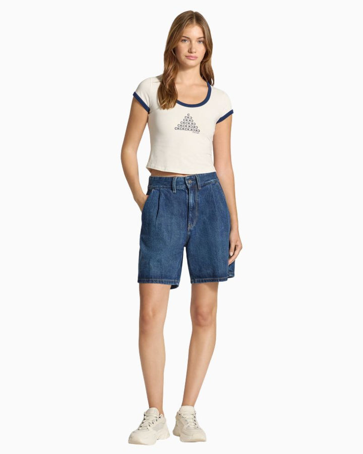 Model wearing Ck Jeans - Scoop Neck Graphic Tee with logo design