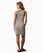 Back of Horizontal stripe summer dress with crew neckline and slim fit