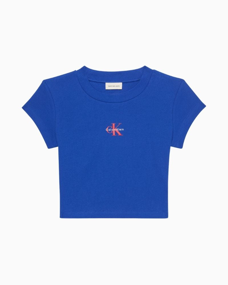 Calvin Klein cropped slim t-shirt in ribbed cotton jersey with short sleeves and logo detail