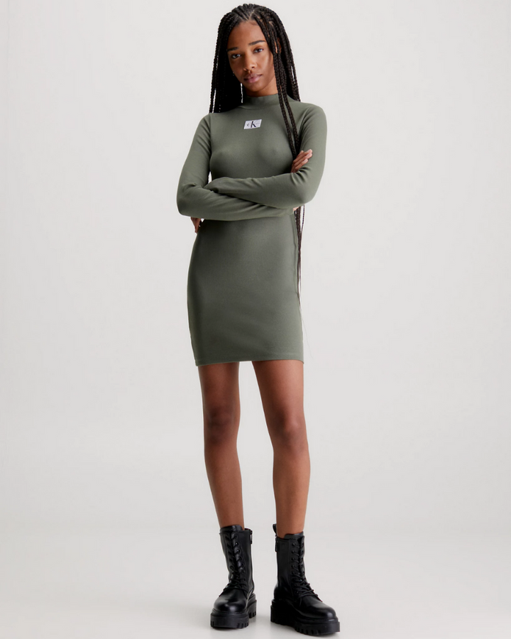 Ck Jeans - Woven Lable Rib Long Sleeve Dress 