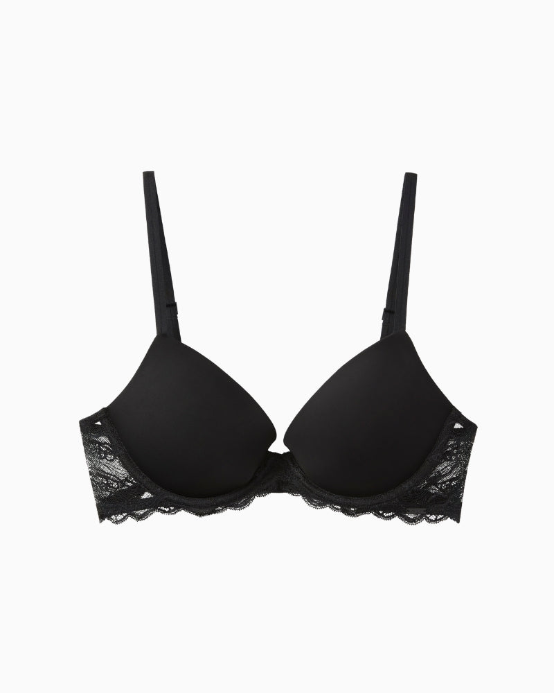 Close-up of lace texture and light padding in Calvin Klein bra cup detail