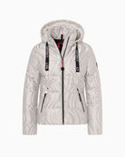 Front view of District Alpine jacket in sand with quilted finish and black zip details