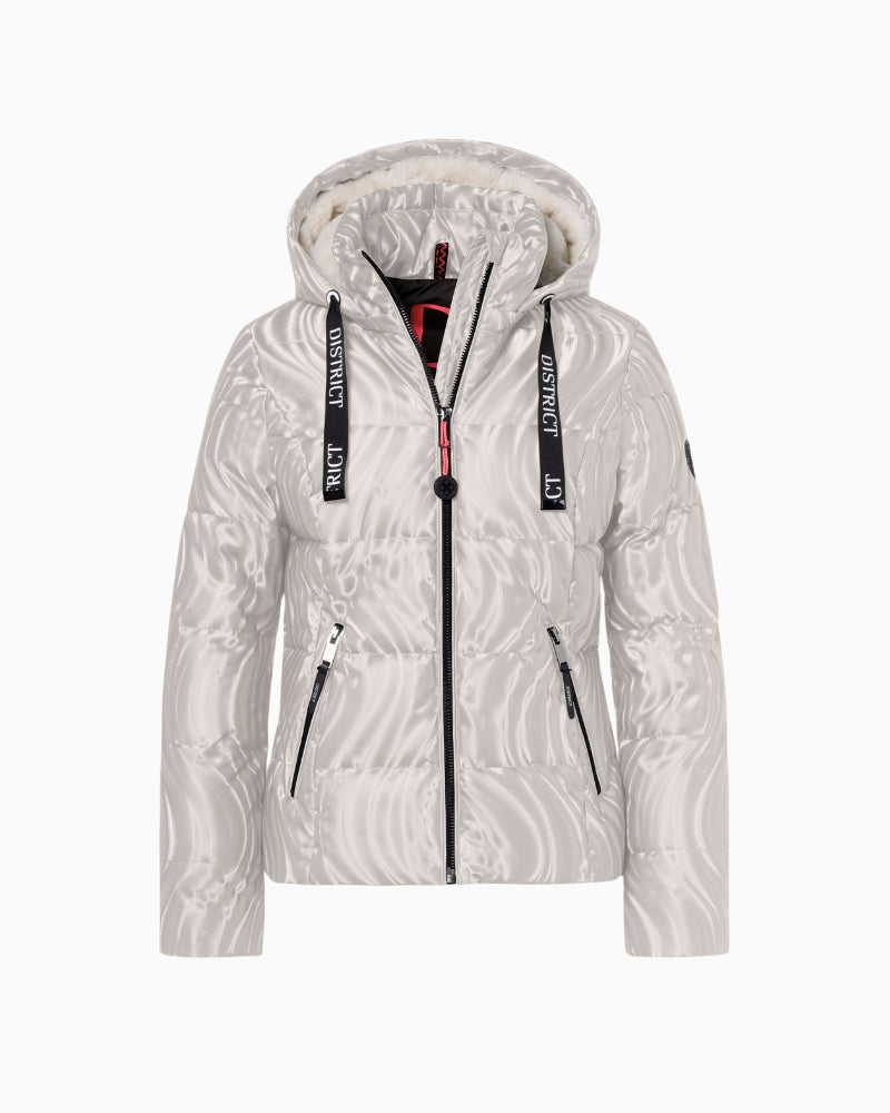 Front view of District Alpine jacket in sand with quilted finish and black zip details