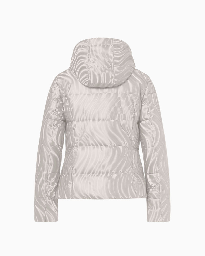 Back view of short water-repellent quilted jacket in neutral sand colour