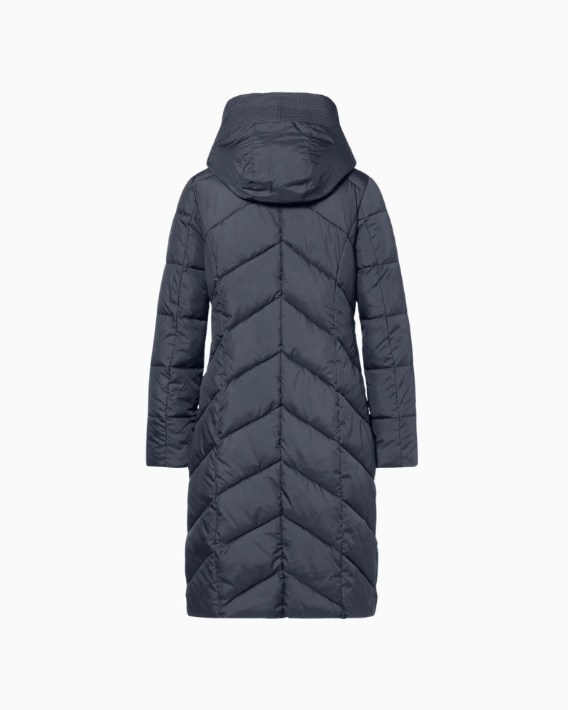 Back view of longline recycled coat showing full coverage and quilt texture