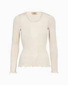 Front view of Mos Mosh Elaine Tee in ribbed wool-modal with ruffle hem