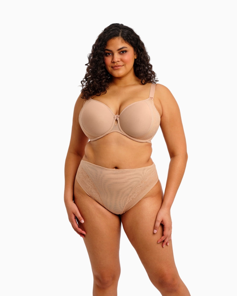 Front view of Elomi Nerina high-leg brief in Sahara with soft stretch lace trim