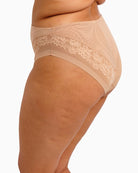 Side view of seamless high-leg fit with flat lace edges on Elomi brief