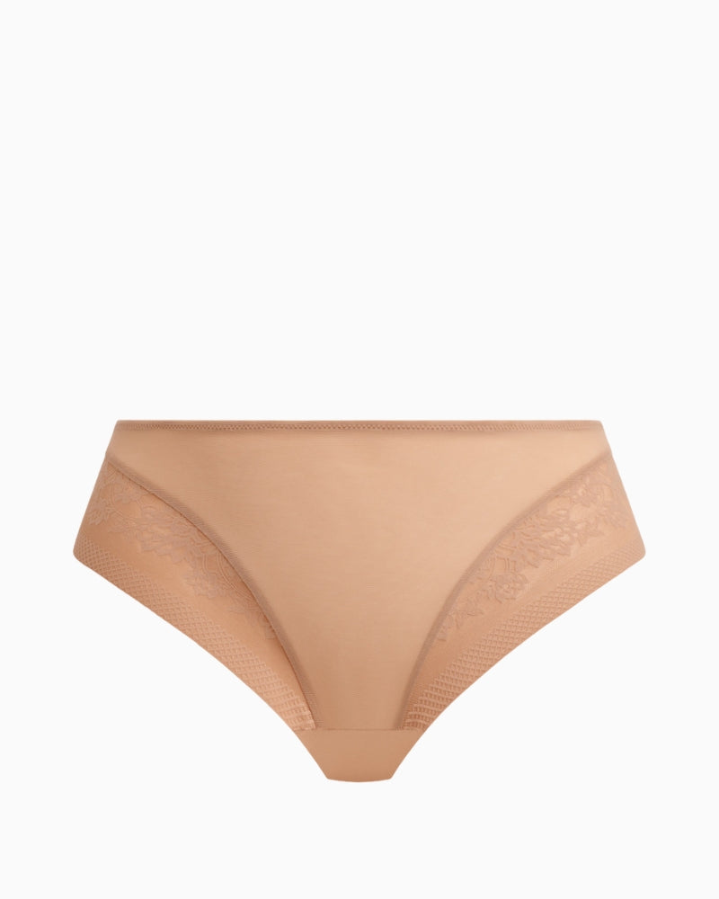 Front view of Elomi Nerina high-leg brief in Sahara with soft stretch lace trim