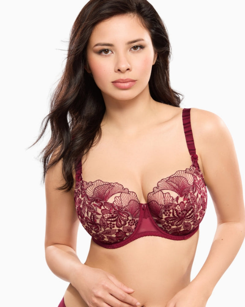Close-up of embroidered tulle and centre jewel detail on Empreinte Agathe underwired bra