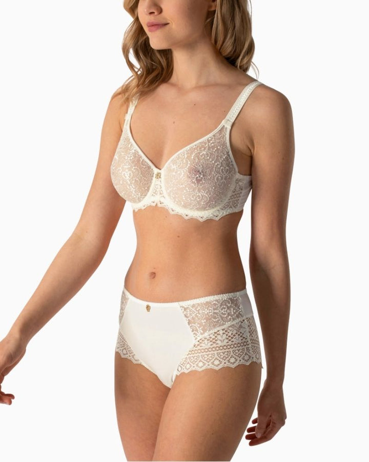 Side view of Empreinte Cassiopée full briefs in silk with lace and sheer panel detailing