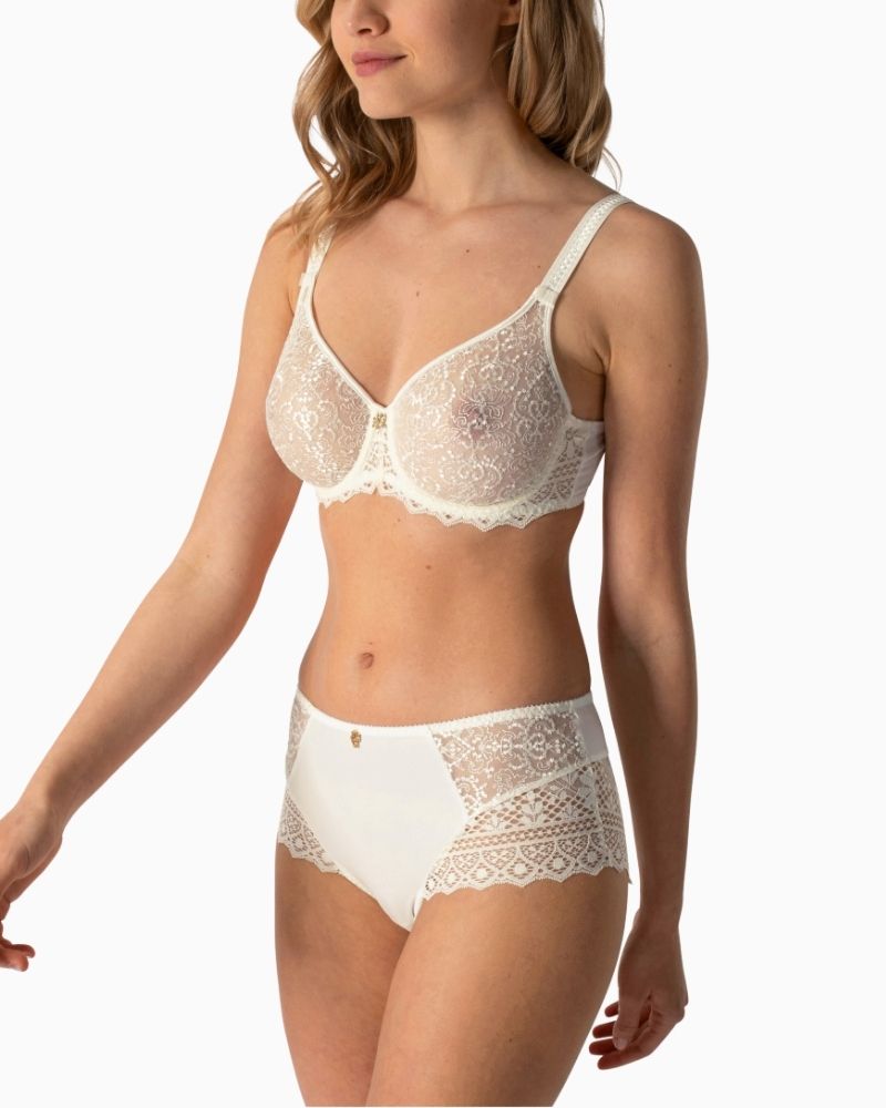 Side view of Empreinte Cassiopée full briefs in silk with lace and sheer panel detailing