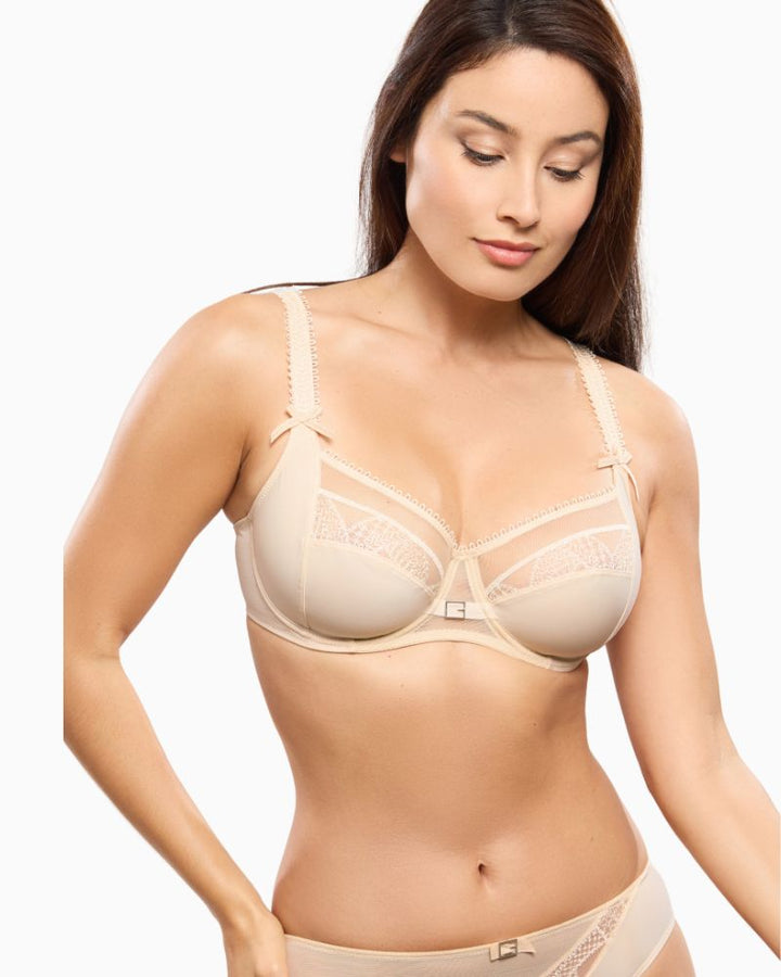 Close up view of Gustave ivory bra showing soft structure and breathable tulle panel