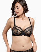 Front view of Empreinte Tess bra in black showing elegant low neckline and light support