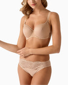 Caramel mid-rise lace brief with breathable cotton blend by Empreinte