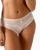 Empreinte Verity panty in blush pink with lace trim, tulle front and satin bow detail