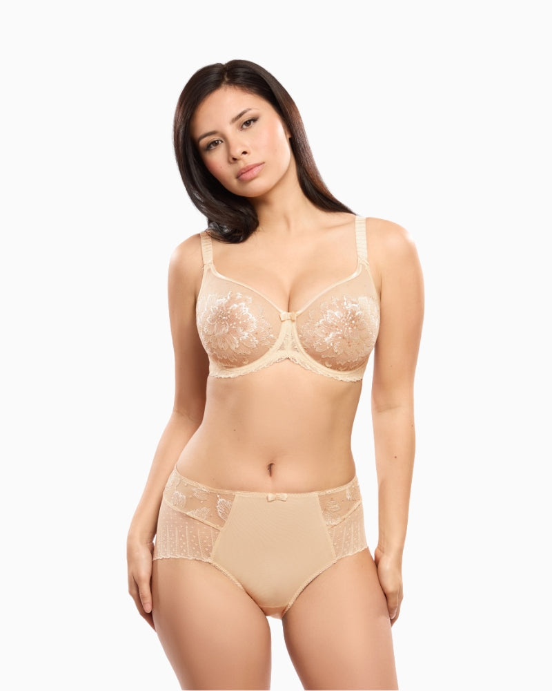 Elegant nude lace briefs with satin bow
