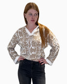 Eva Kayan honey and ivory jacquard knit with subtle metallic threads and polo neckline