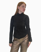Front view of Eva Kayan slim fit black roll neck with long sleeves