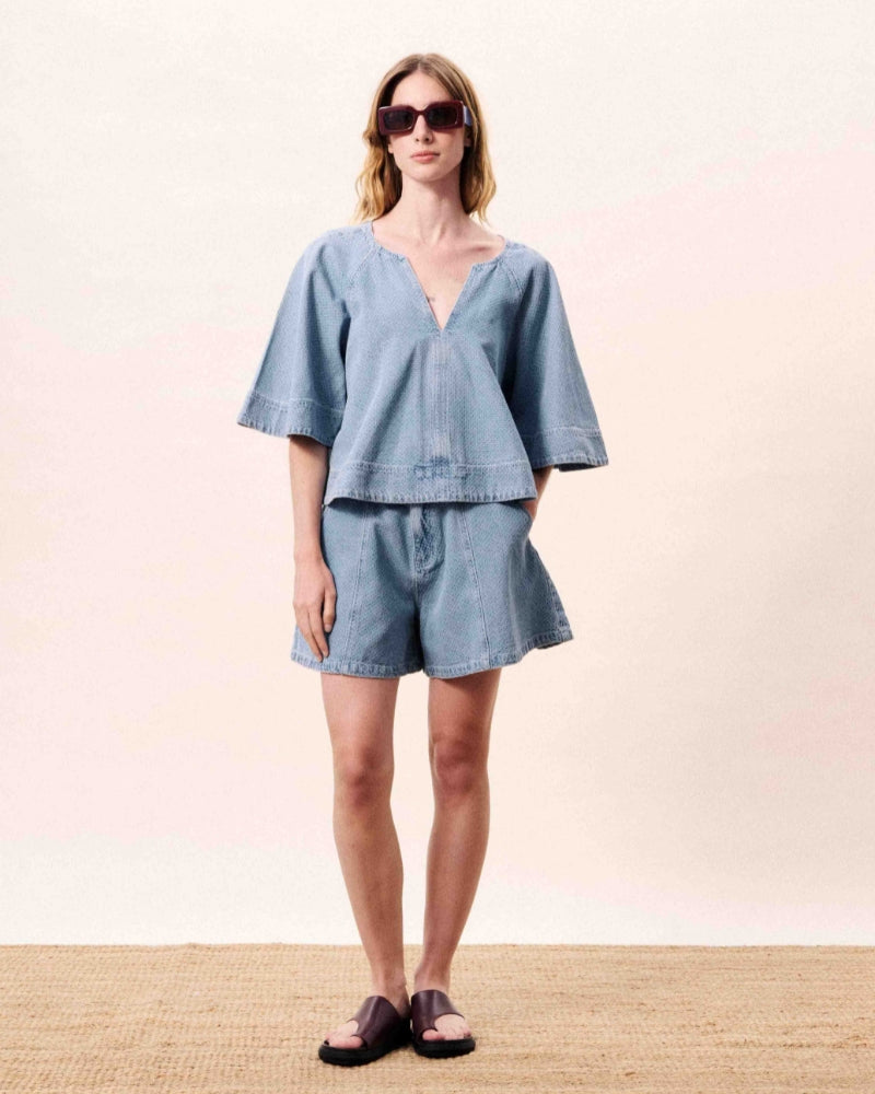 FRNCH Citrine blouse in denim sleeve detail