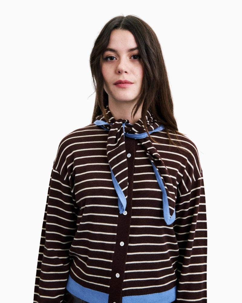 FRNCH Echarpe Cardigan in brown shawl collar detail