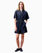 FRNCH MARISELLE denim playsuit indigo blue front view