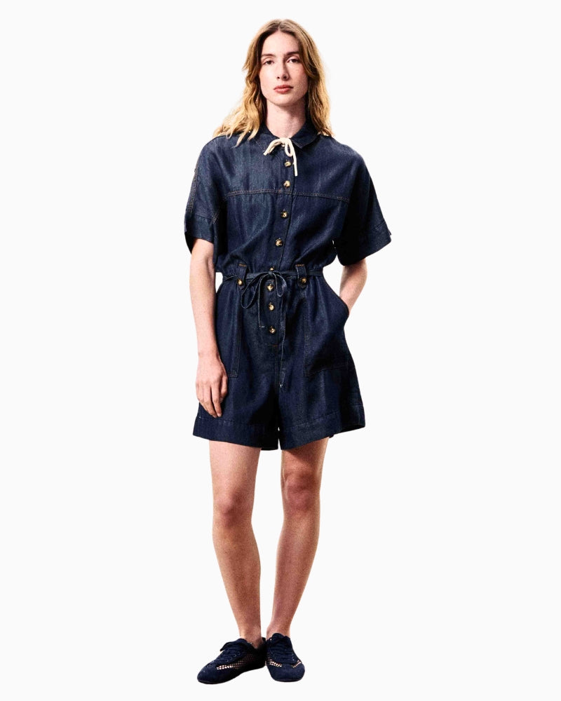 FRNCH MARISELLE denim playsuit indigo blue front view